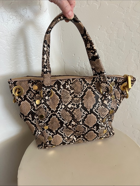 Hammitt Handbags - Hammitt Daniel Medium Snake-Print Shoulder Bag with Gold Hardware in Brown Blk